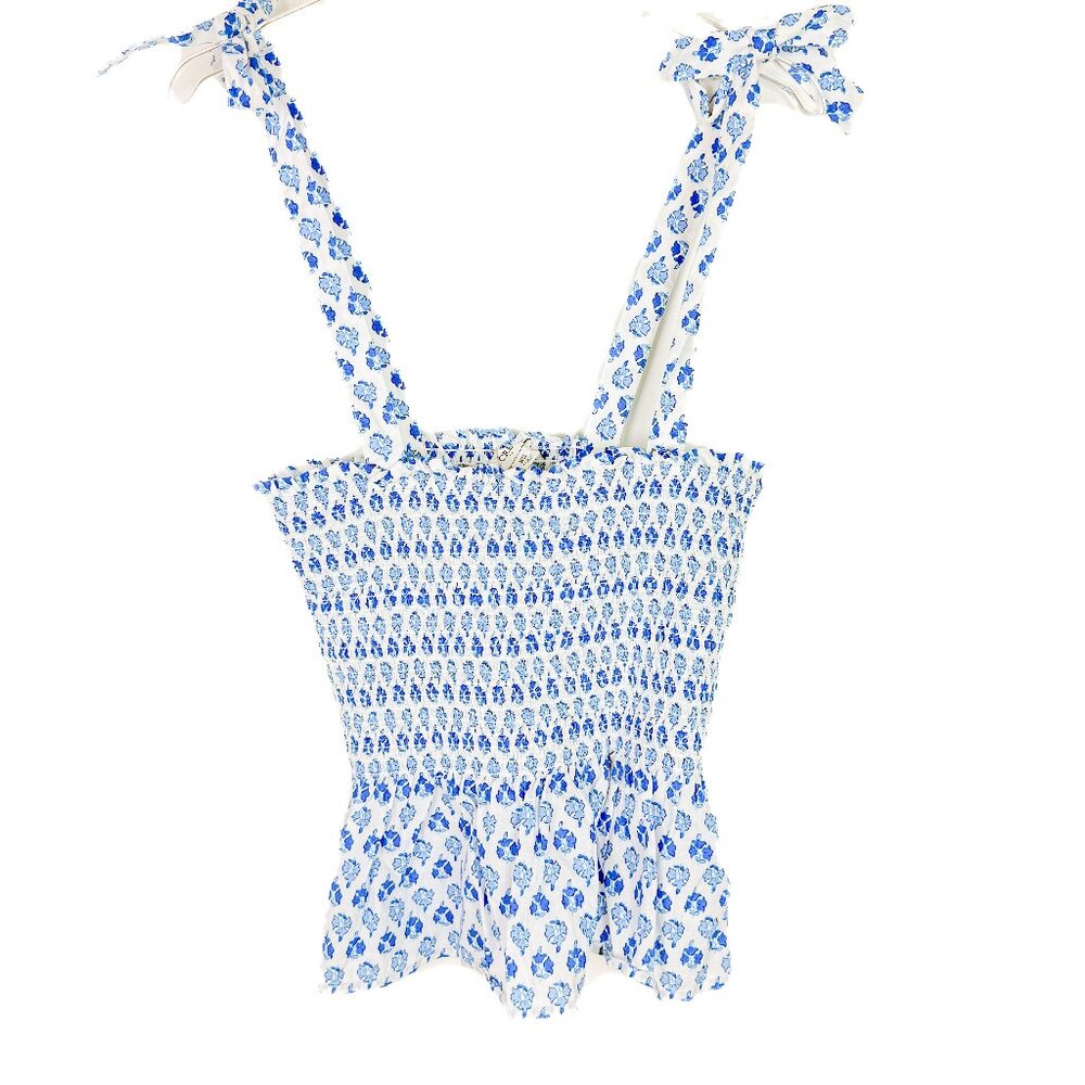 J. Crew Factory Smocked Tie-Shoulder Tank Top White Blue Size XS EUC - Picture 2 of 9